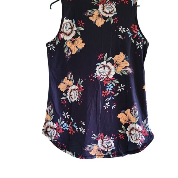 Hount Rosette Top Feminine Whimsical Sleeveless Nylon Multi Floral Black Sz Med - Picture 3 of 9